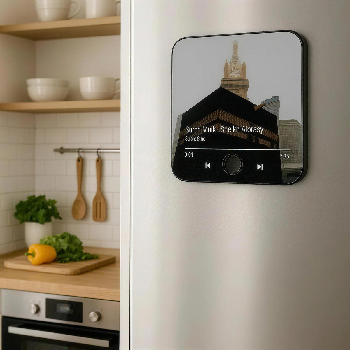 The player on a kitchen fridge door