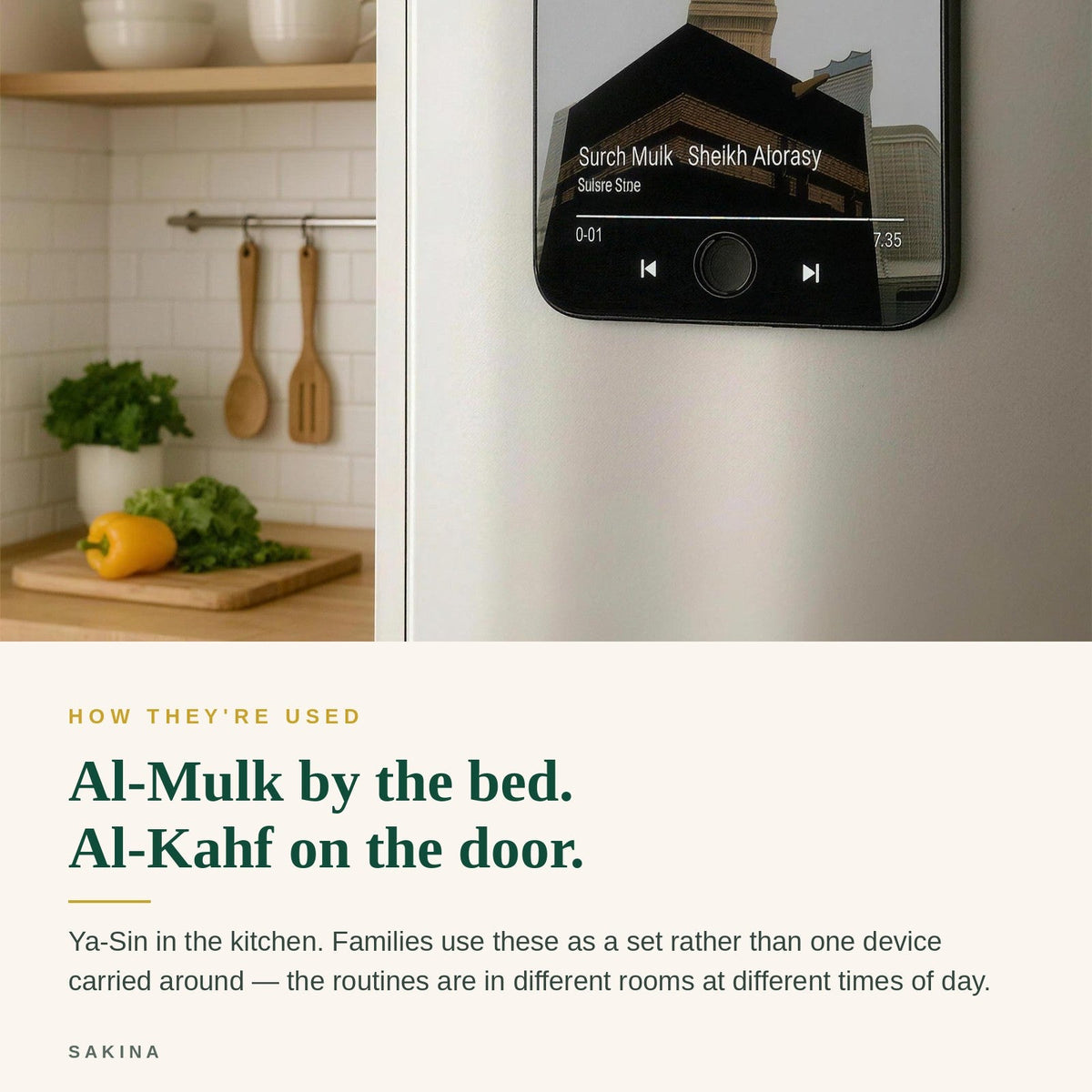 Al-Mulk by the bed, Al-Kahf on the door, Ya-Sin in the kitchen